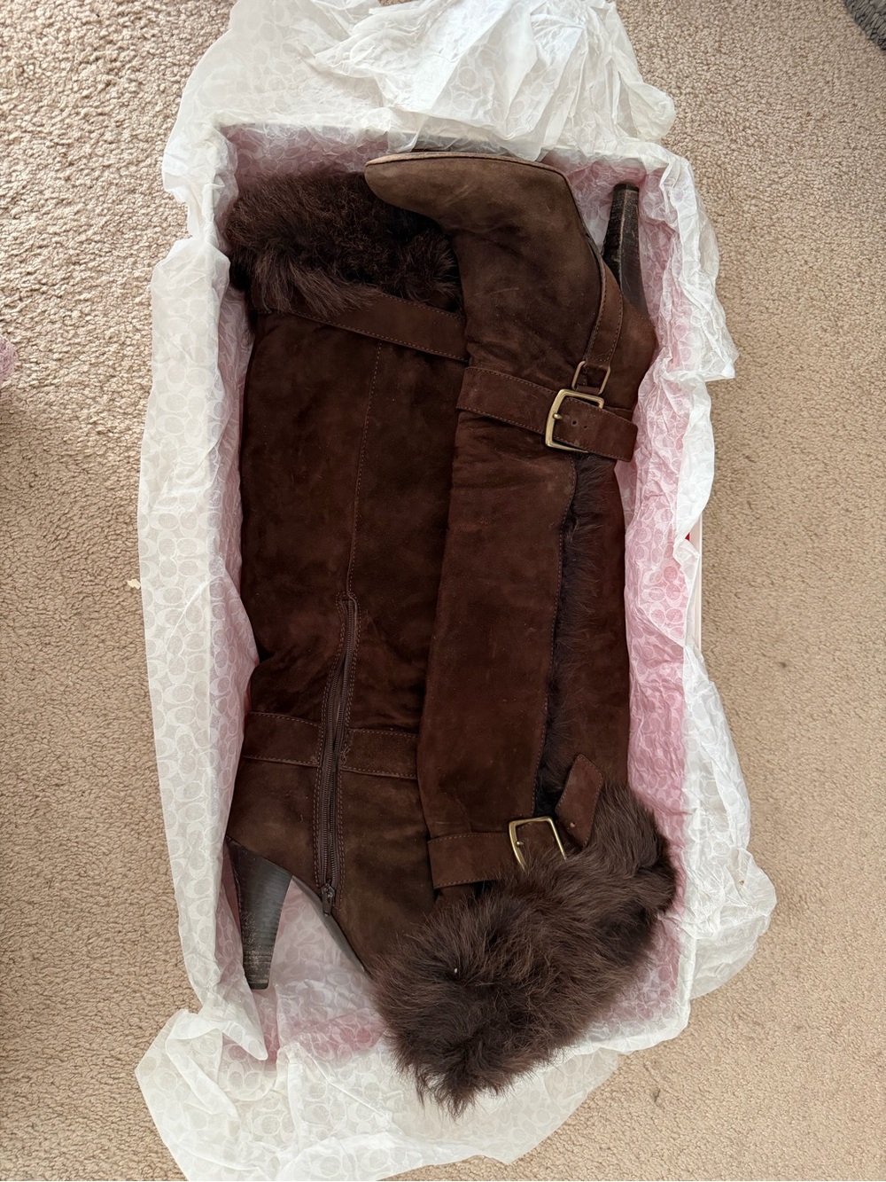 Coach Brown Suede Over-the-Knee Boots with Fur Trim
